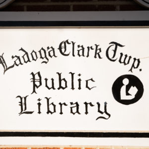 A picture of the Ladoga-Clark Twp Public Library sign.